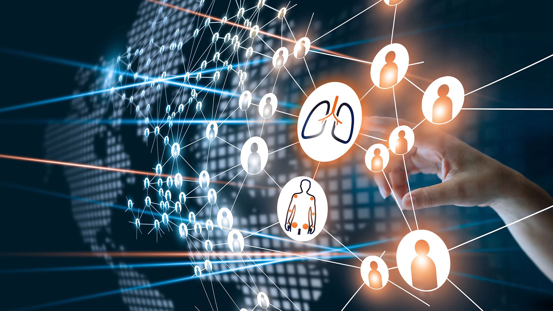Netzwerk aus verschiedenen Punkten auf dunklem Hintergrund. Eine Hand zeigt auf das Symbol einer Lunge.