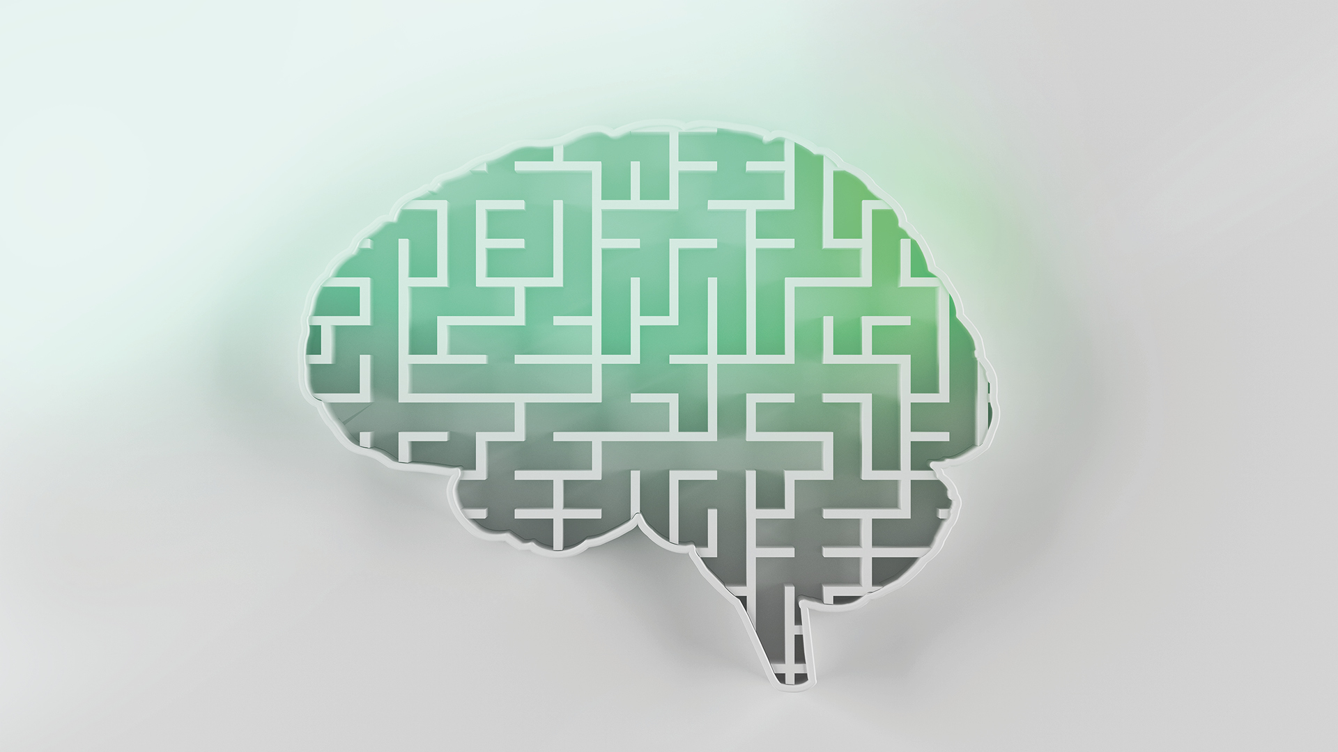 Grafik eines Gehirns mit einem Labyrinth in der Mitte mit grüner Färbung