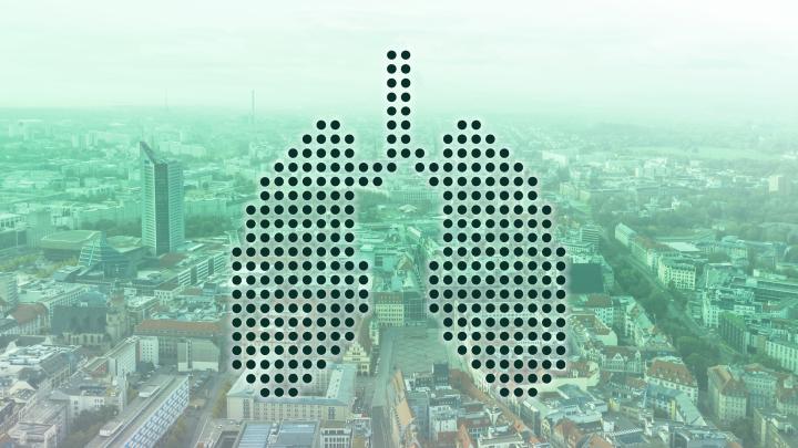 Leipzig aus der Vogelperspektive mit einem darüber gelegten stilisierten Bild einer Lunge